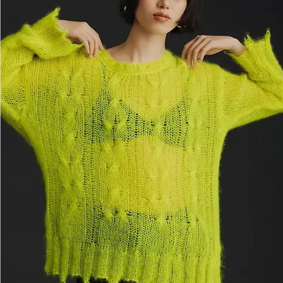 NWT Anthropologie The Posey Stitchy Distressed Wool Sweater Yellow Neon XXS - Picture 1 of 10